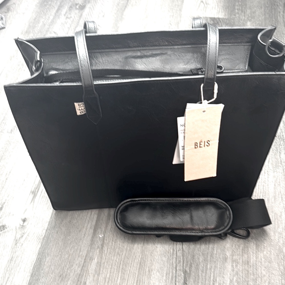 BEIS Vegan Leather Black Structured Work Tote w/Handles & Crossbody Strap - Picture 2 of 16